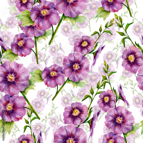 Watercolor mallow flowers in a seamless pattern. Can be used as fabric, wallpaper, wrap.