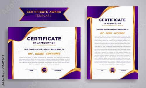 Diploma Certificate design with gold badge and border. Purple and gold color certificate award design template. Vector A4 size.