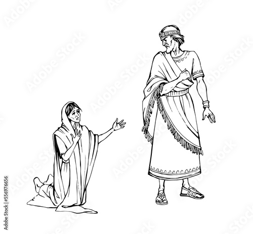 A starving woman asks for help. Vector drawing