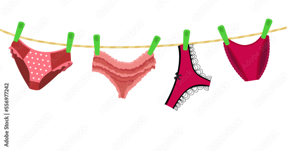 Female underwear hanging on clothes line vector illustration. Cartoon drawing of pink panties on rope with green pegs isolated on white background. Underwear, fashion concept - obrazy, fototapety, plakaty 