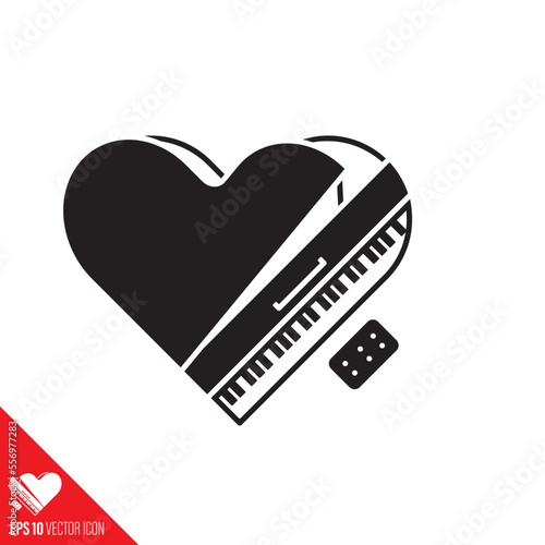 Heart-shaped grand piano, top view, vector icon. Love of music symbol.