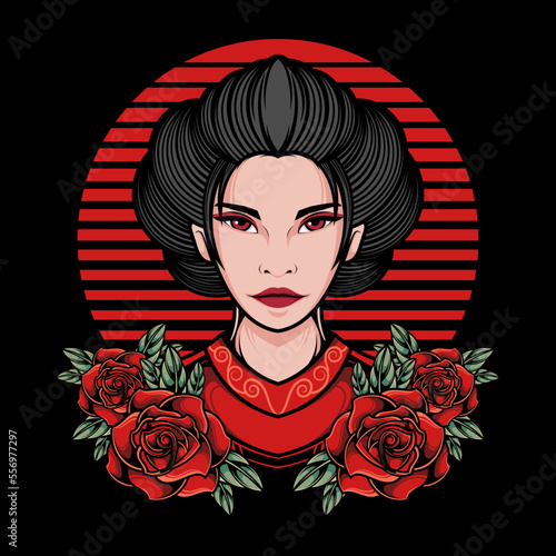 JAPANESE GEISHA WITH FLOWER AND RED MOON BACKGROUND LOGO ILLUSTRATION