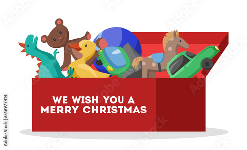 Childhood toys in box as gifts for Christmas vector illustration. Drawings of teddy bear, dinosaur, horse, car in red donation box isolated on white background. Christmas, childhood, charity concept