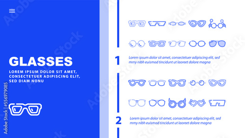 eye glasses frame fashion landing web page vector. black old lens, retro style, round cool, vision modern, sun spectacles sunglasses eye glasses frame fashion Illustration