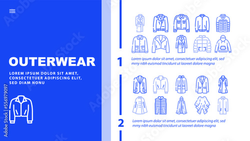 outerwear female clothes girl landing web page vector. woman fashion, coat clothing, jacket stylish, people person young casual, style outerwear female clothes girl Illustration