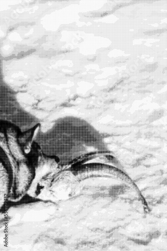 West Siberian Laika (cross between a wolf) after hunting gnaws at a goat's head with long horns in snow. Dog and horns cast long contrasting shadows. Halftone dotted vector image. Space for copy text.
