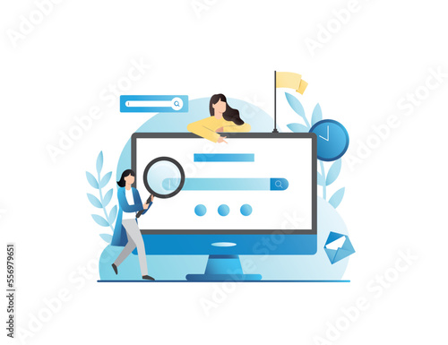 Woman with magnifying glass in computer scans information given in search engine. Girl points her finger at address bar, enters search query in browser. Internet surfing on websites, pages.