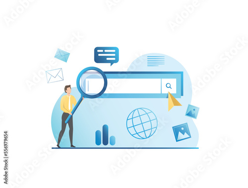 Vector man with large,big magnifying glass is looking for information in browser. Guy enters search term into address bar form. Internet surfing on websites, pages. Arrow cursor clicks on find button.