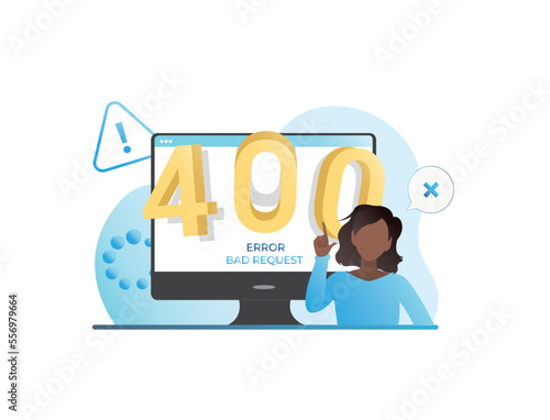 Vector girl, woman with exclamation mark shows concept of 400 error form with bad, invalid query. Website does not load on internet. Access to page is blocked. Syntax error. Incorrect url, link.