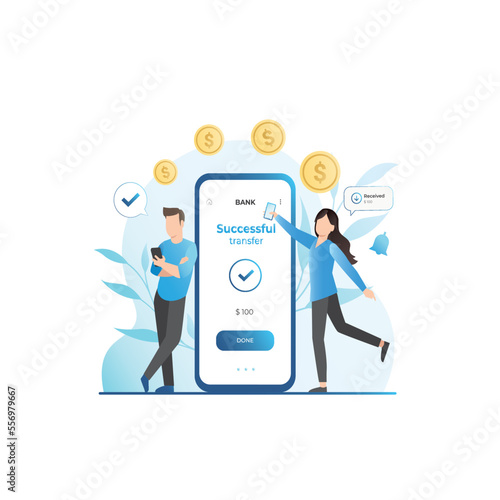 Girl in smartphone transferred, sent money, coins, cash to electronic account on Internet to man. Banking services on web site. Successful transaction. Refill. Guy made profit in finance, budget.