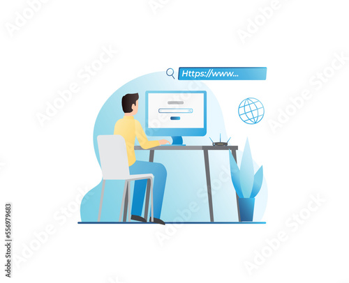 Vector man in office writes on computer, enters search query into address bar on website. Internet surfing. Guy is looking for, search at information, data in browser on Wi-Fi sensor.