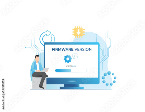 Vector man in laptop updates operating system, configures new firmware version with percentage bar on screen. Setting up computer with gears, plugins. Internet programming, software installation.