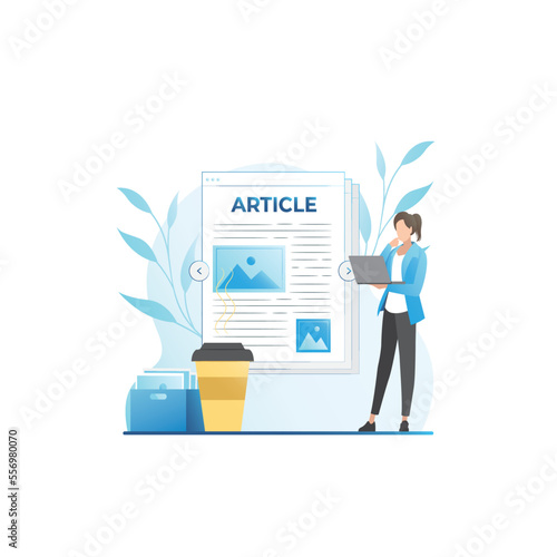 Girl, woman types in laptop, writes content, post, newspaper, news, text with illustrations, pictures. Publication of article. Work of journalist, editor with coffee. Copywriting. Paper work.Education