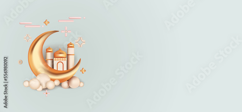 Islamic decoration background with crescent moon mosque, cartoon style, ramadan kareem, mawlid, iftar, isra miraj, eid al fitr adha, muharram, copy space text area, 3D illustration.