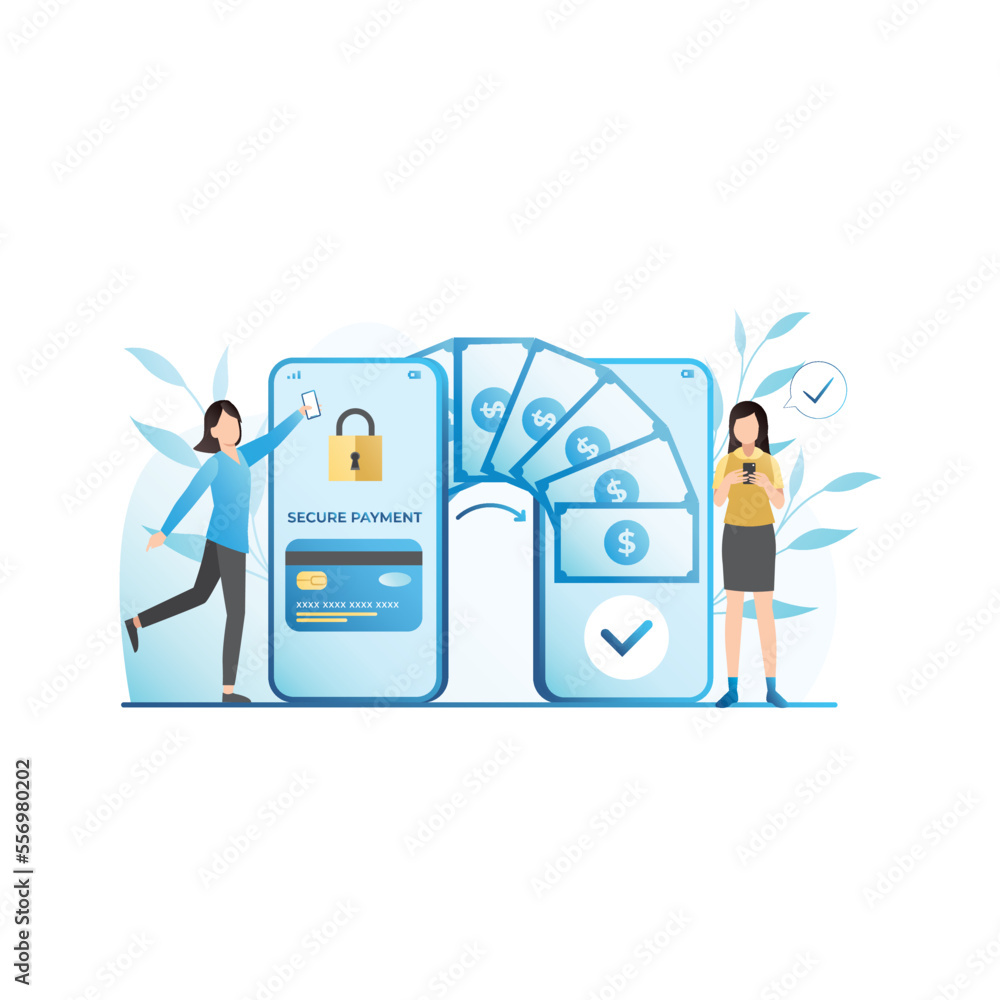 Obraz premium Girl in smartphone sent money, cash from credit, debit card. Successful transfer transaction. Bank transfer, service. Woman received profit on personal account. Payment for purchases on Internet.