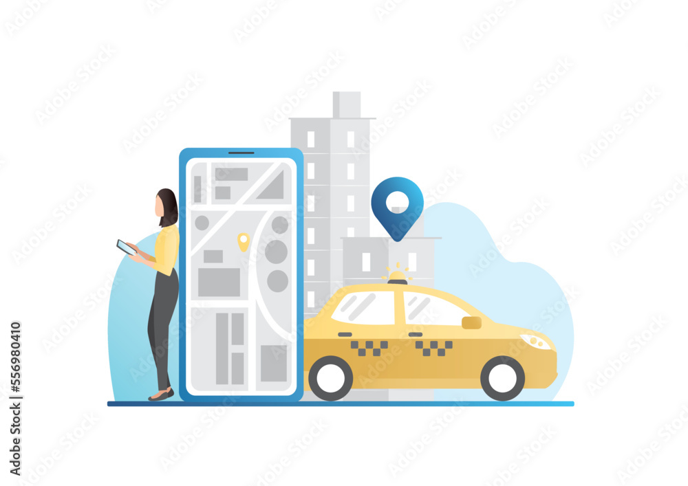 Woman in smartphone calls taxi to specified address by geolocation. Girl monitors car online on map, navigator, paved way in application. Car sharing on Internet, rent of transport, automobile. Woman in smartphone calls taxi to specified address by geolocation. Girl monitors car online on map, navigator, paved way in application. Car sharing on Internet, rent of transport, automobile.