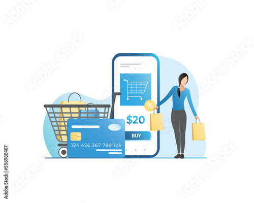 Woman made order in online store, bought goods, things in paper bags. Happy girl with purchases in her hands, grocery cart from Internet. Contactless payment by debit, credit card in smartphone.