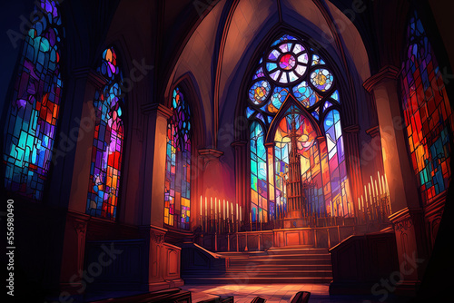 church interior features include lighting and stained glass windows. Generative AI