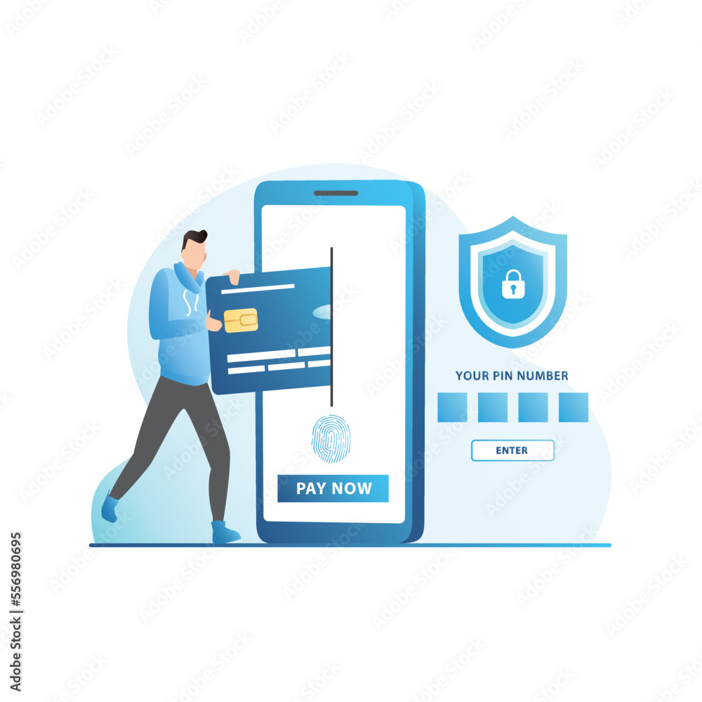 Man sticks debit, credit card into smartphone for contactless payment on Internet, successful transaction, transfer of money. Protecting finance in banking application with password, fingerprint. Man sticks debit, credit card into smartphone for contactless payment on Internet, successful transaction, transfer of money. Protecting finance in banking application with password, fingerprint.