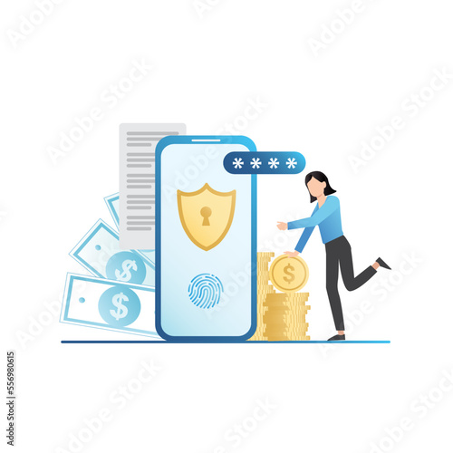 Woman guards savings, stacks of coins, cash with shield. Personal, confidential access to bank account with fingerprint, password. Data protection. Successful transaction, transfer with check, receipt