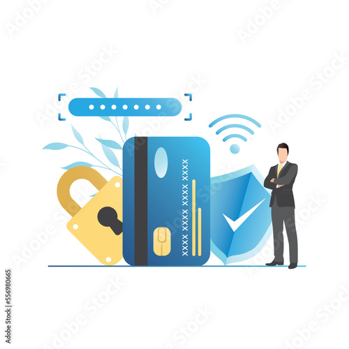 Vector man with big shield, padlock. Protection of banking information, debit, credit card data on Internet, Wi-Fi. Authorization with password, code on account. Contactless payment by plastic card.