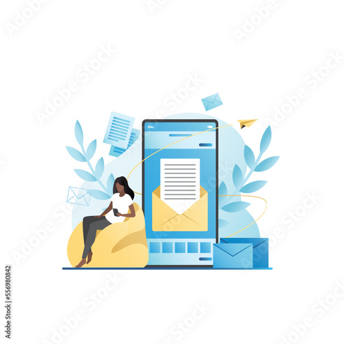 	Vector woman in smartphone sends, reads new message, letter, document on social networks, on website, in application. Sms correspondence on Internet. Girl lets paper airplane into online chat.