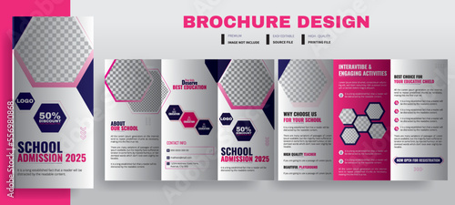 School Admission Tri-Fold Brochure Design Template Vector Illustration, Anual university brochure design for promotion, Corporate business template for tri fold flyer with rhombus square shapes, ads.