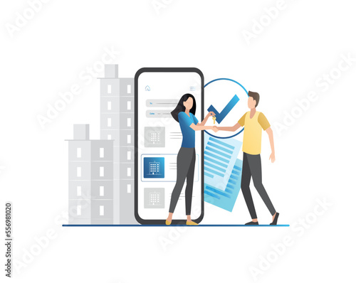 Vector woman hands over keys to apartment, house to man after signing contract, agreement, document of rent, purchase on website on Internet. Successful deal with realtor, real estate agent.