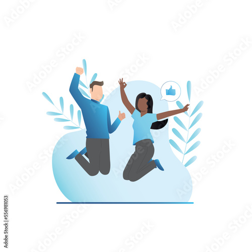 Cheerful, happy people jump for joy, success, agreement, show positive gestures with their hands thumbs up, okay, good, great, great. Victory. Girl liked it. Friends are having fun, they say yes.