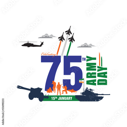 Celebrating the 75th Army day of India, the Republic day celebration concept, applauding victory, people appreciating, clapping, and saluting Indian army soldiers and airforce in action, Army day logo
