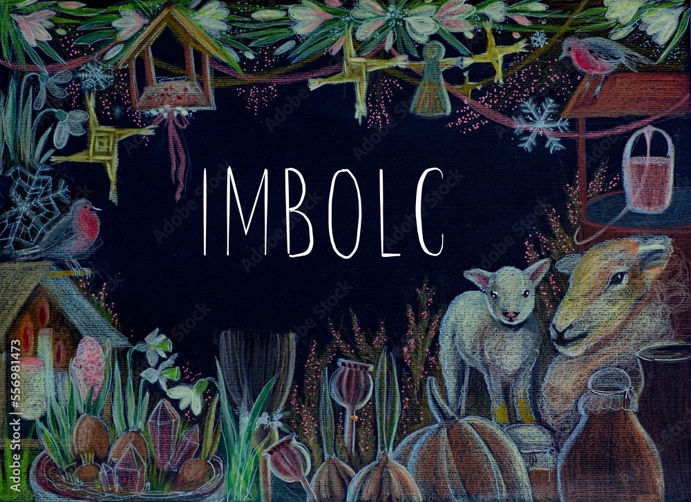 Imbolc symbols on a black background drawing with colored pencils