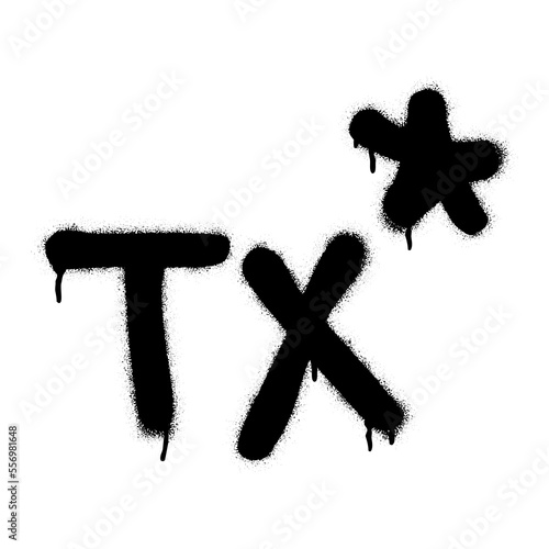 Spray graffiti TX zip code abbreviation, TEXAS, over white.