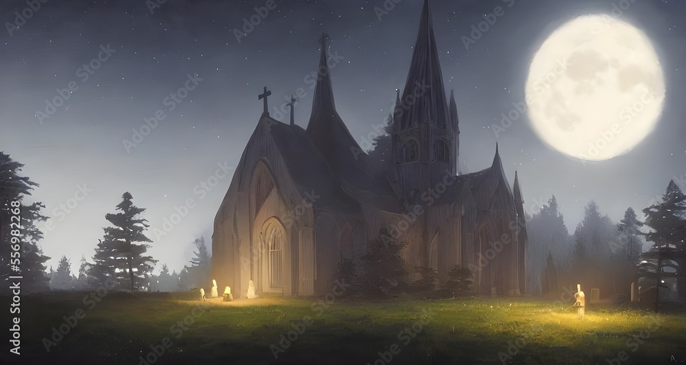 霧の中で林に佇む月に照らされた教会_44