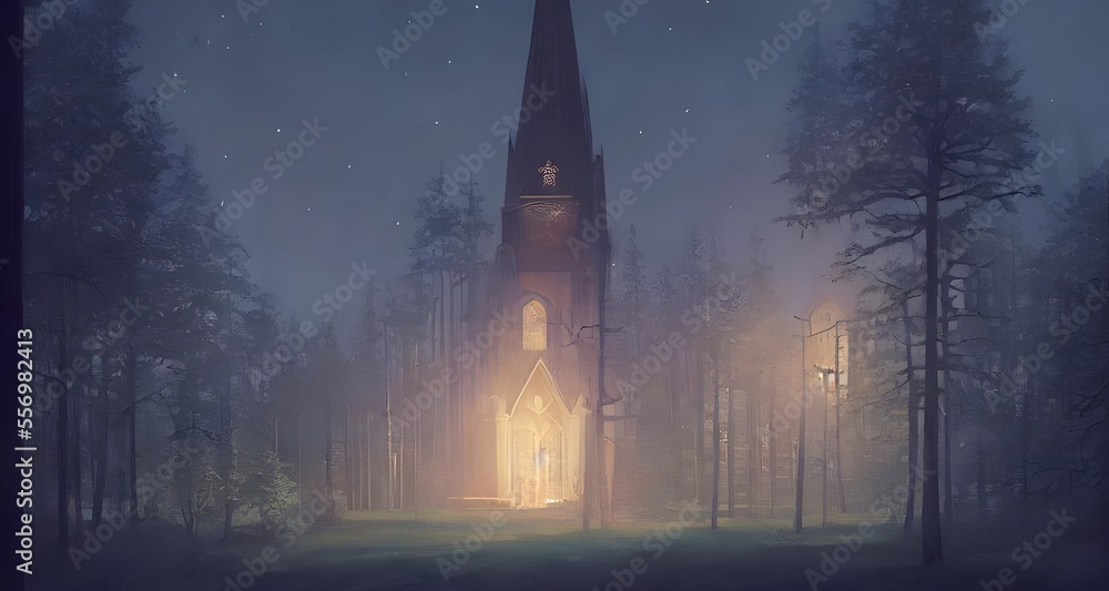 A church lit by the moon standing in the woods amidst fog _18