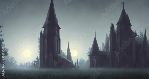 A church lit by the moon standing in the woods amidst fog _15