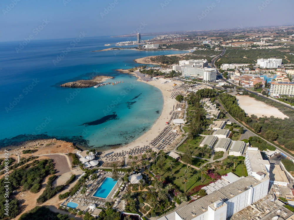 Aerial panoramic view on blue crystal clear water on Mediterranean sea near Nissi beach, Ayia Napa, Cyprus