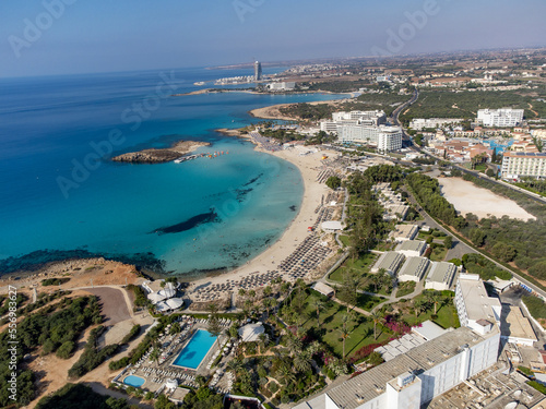 Aerial panoramic view on blue crystal clear water on Mediterranean sea near Nissi beach, Ayia Napa, Cyprus