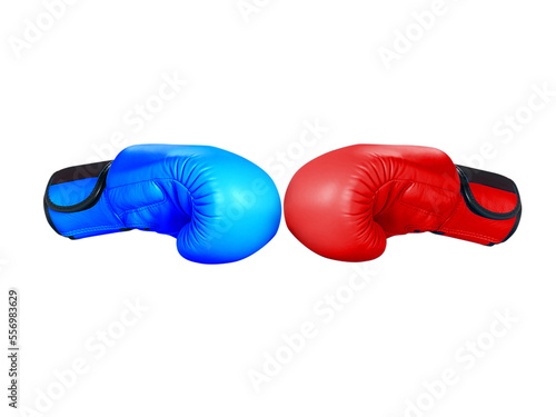 Red and blue boxing gloves hitting each other isolated on white background. © pornchai