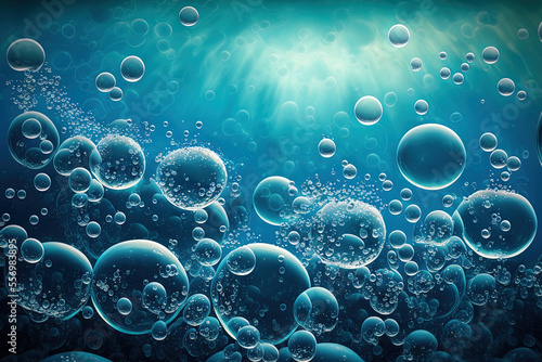 Background of blue water with bubbles. Generative AI