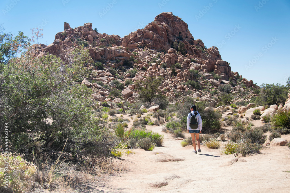 woman walking on a desert trail in california