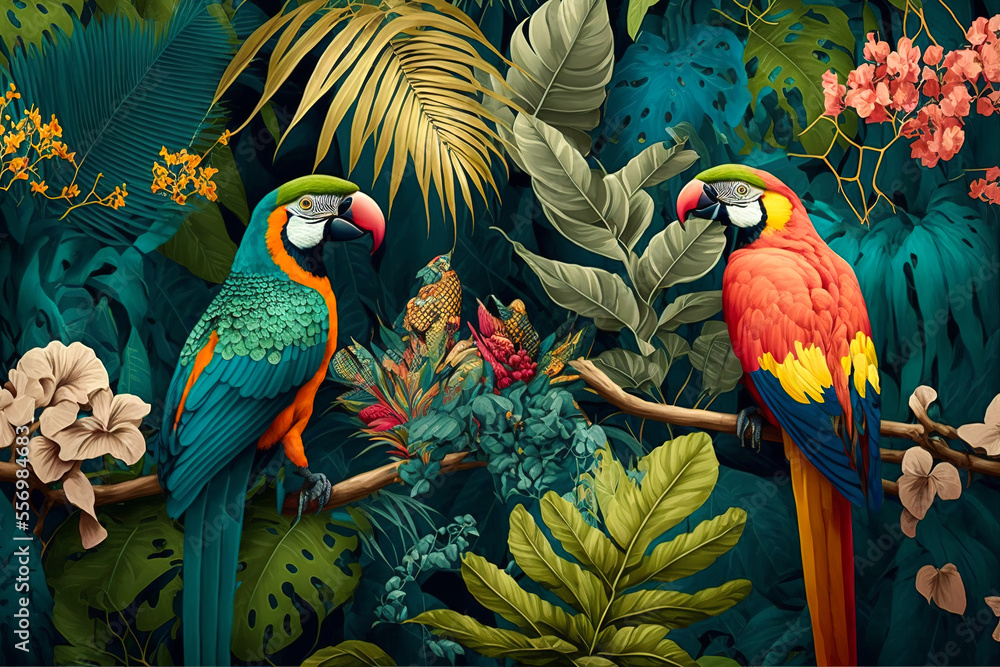 Illustration of a tropical rainforest with parrots. Generative AI. - obrazy, fototapety, plakaty 