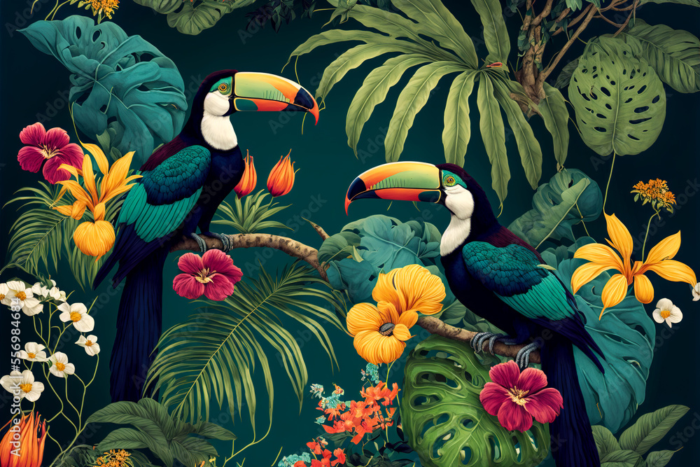 Tropical wallpaper background with plants and birds. Generative AI.