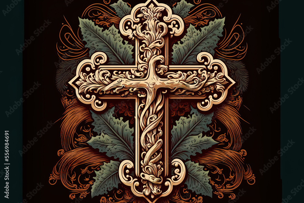 Christian cross design in a traditional engraving color. Generative AI