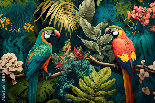 Illustration of a tropical rainforest with parrots. Generative AI. photo