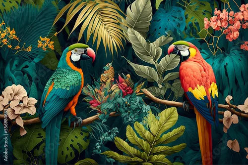 Obraz Illustration of a tropical rainforest with parrots. Generative AI.
