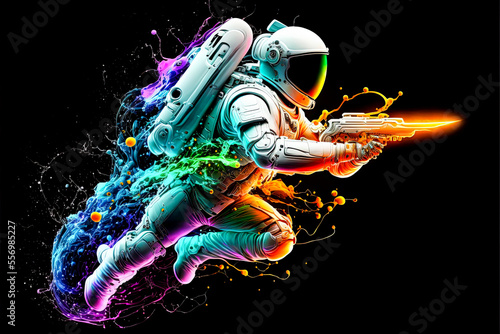 Astronaut with a laser gun in a jump in a multi-colored flame on a black background