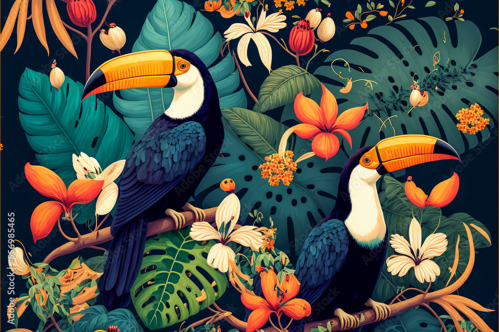 Illustration of a tropical rainforest with toucans. Generative AI.