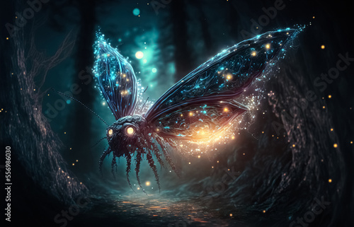 Flittering fireflies flying in the night Fantasy enchanted forest. Fairy tale concept. 