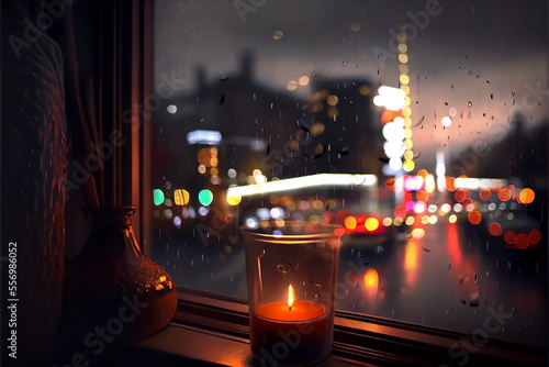  Candle on window top,Rainy evening city blurred light ,view from window , lantern candle light reflection ,cozy home,rain drops on glass ,car traffic blurred light urban scene