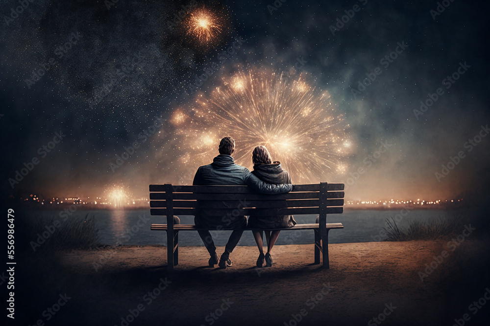 love couple sits on a bench with their backs to the camera watching fireworks, evening. Generative AI love couple sits on a bench with their backs to the camera watching fireworks, evening. Generative AI